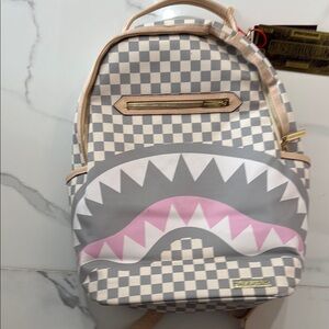 Sprayground Gray and Pink Checkered Shark Backpack